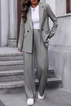 EMERY ROSE Women's Casual/Office Commute Simple Solid Color Lapel Collar Blazer And Pants Suit Set