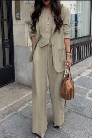 Women's Casual/Work Striped Jacket, Pants, And Vest 3-Piece Suit Set, Spring/Summer