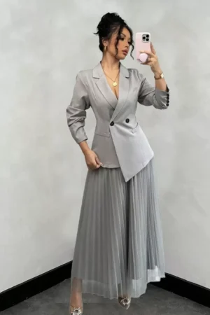 Elenzga Women Regular Fit Elegant Collared Blazer & Mesh Skirt Suit Set, Versatile For Commuting & All Season Wear Fall Cloth For Women