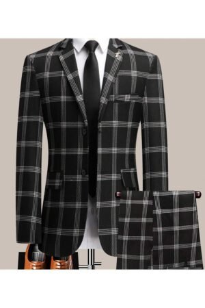 Latest Men's Checkered Suit Two-Piece Set, Four Season Style, Men's US Size Slim Fit Two-Piece Set, Wedding Banquet Dress, Business And Leisure Style
