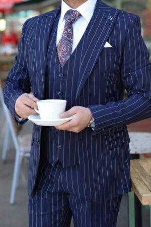 Mens Striped Suit Formal Business Wedding Prom Suit Pinstripe Male Groom Tuxedo Notched Lapel, Blazer+Vest+Pant, Modern Fit Wedding Party Dinner Formal, Long Sleeves