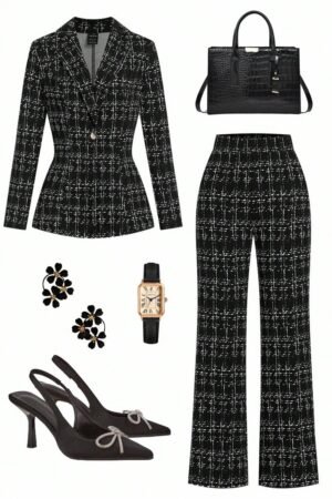 Ellevyn Women's Elegant Plaid Lapel Neck Long Sleeve Jacket And Pants Suit, Graceful For Party And Evening Wear, Autumn/Winter Fall Women Clothes Office Outfits For Women