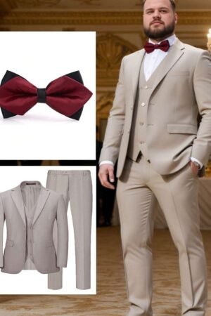 Plus Size Men Suit Set With Bow Tie, Luxurious Soft Lightweight Fabric, Breathable Wrinkle-Resistant, Comfortable For Plus Size Men,  For Weddings Business Balls