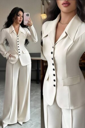 Elenzga Women's Apricot Thick Fabric V-Neck Blazer Design Black Contrast Button Fake Pocket Teacher Uniform Elegant Professional Outfit, Thanksgiving Halloween Atmosphere, Autumn New Arrival Fashion Essential High-End Dignified Long Sleeve Waist Cinched Loose Straight Leg Pants Two Pieces Set