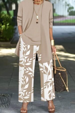 3pcs/Set Women's Casual Loose Printed Wide Leg Pants, Long Sleeve Cardigan And Tank Top Suit, Versatile For Beach, Commute, Autumn/Winter