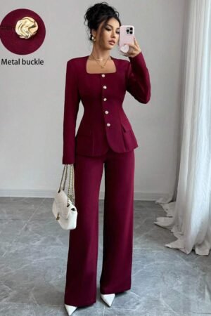 Elenzga 2pcs Women's Suit Fabric Trapezoid Collar Front Metal Button Waist A-Line Hem Slit Pockets Long Sleeve Shirt + Straight Pants Solid Color Elegant Office Commute Streetwear Autumn/Winter Fashion Versatile Business Casual Thanksgiving Afternoon Tea Party Back To School