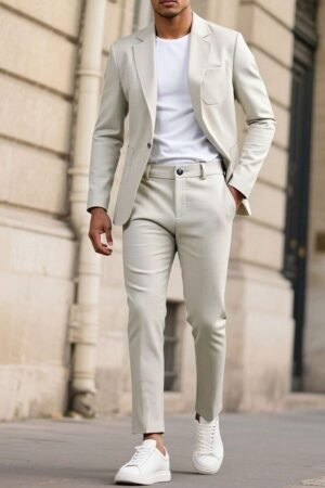 Manfinity Mode Men's Light Gray V-Neck Casual Suit Set, Spring/Summer