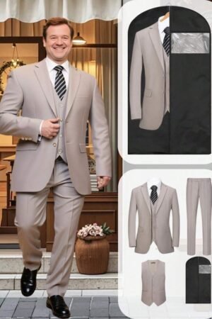Men's Plus-Size Suit Set, Slim Fit Formal Suit With Vest & Pants, Includes Garment Bag, Ideal For Business, Wedding, Prom