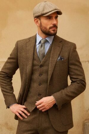 Retro 3 Piece Men Suit Tweed Herringbone Men's Suits Groom Tuxedos Set Prom Brown Grey Jacket Blazer Vest Pants Wedding Prom Tuxedos Groomsmen