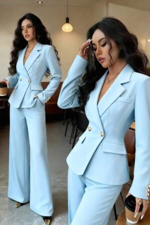 Franclia Women's Elegant Commuter Lapel Solid Blue Gold Button Waist Slim Fit Formal Suit Professional Autumn And Winter Suit Jacket With Zipper Waistband And Pockets Straight Flared Pants Suit Pants Versatile Trousers Suit Two-Piece Suit Suitwomen's Long Dresshomecoming Dress, Wedding Guest Dress Winter Clothes Winter Clothes For Women Fall Clothes For Women Autumn Fall Autumn Clothes Fall Outfits For Women New Year New Year Outfit New Year Clothes New Year Women Thanksgiving Outfit For Women Party  Wedding  Elegant   Casual  LuxuryChristmas New Year Party Graduation Ball Cosplay National Day New Year Going Out Tops For Women Graduation Elegant Fashionable Casual Commuting Business Office Daily Leisure All-Match Temperament Urban Teacher Professional Attire