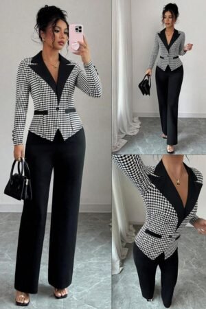 Elenzga Houndstooth Print Asymmetric Hem Long Sleeve Jacket And Solid Color Pants Suit
