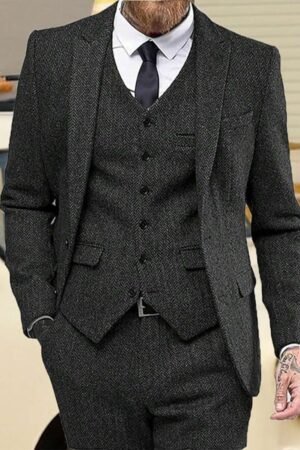 Mens Herringbone Tweed Suit 3 Piece Suit Two Buttons Wool Suits 1920's Themed Wedding Suit Prom Tuxedos Blazer Dress Formal Business Party Jacket Vest Waistcoat For Groom