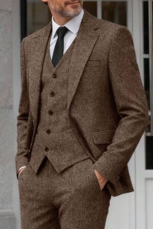 Slim Fit Herringbone Tweed 3-Piece Men's Suit | Retro Wedding Groomsmen Tuxedo (Jacket+Vest+Pants)